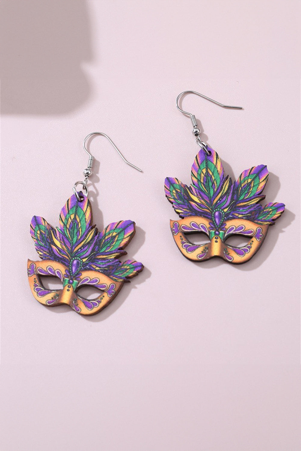 Meadow Mauve Mardi Gras Mask Dangle Hook Earrings Jewelry JT's Designer Fashion
