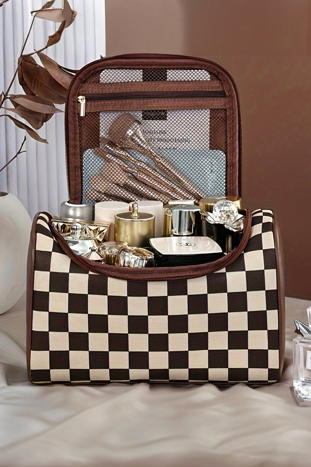 Black Checkered PU Leather Zipper Makeup Bag Makeup Bags JT's Designer Fashion