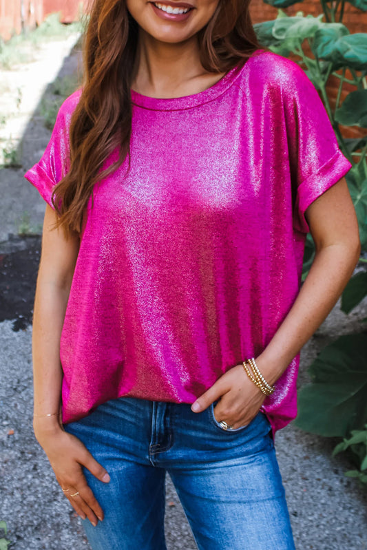 Festival Fuchsia Shine Shimmer Cuffed Short Sleeve Dolman Blouse
