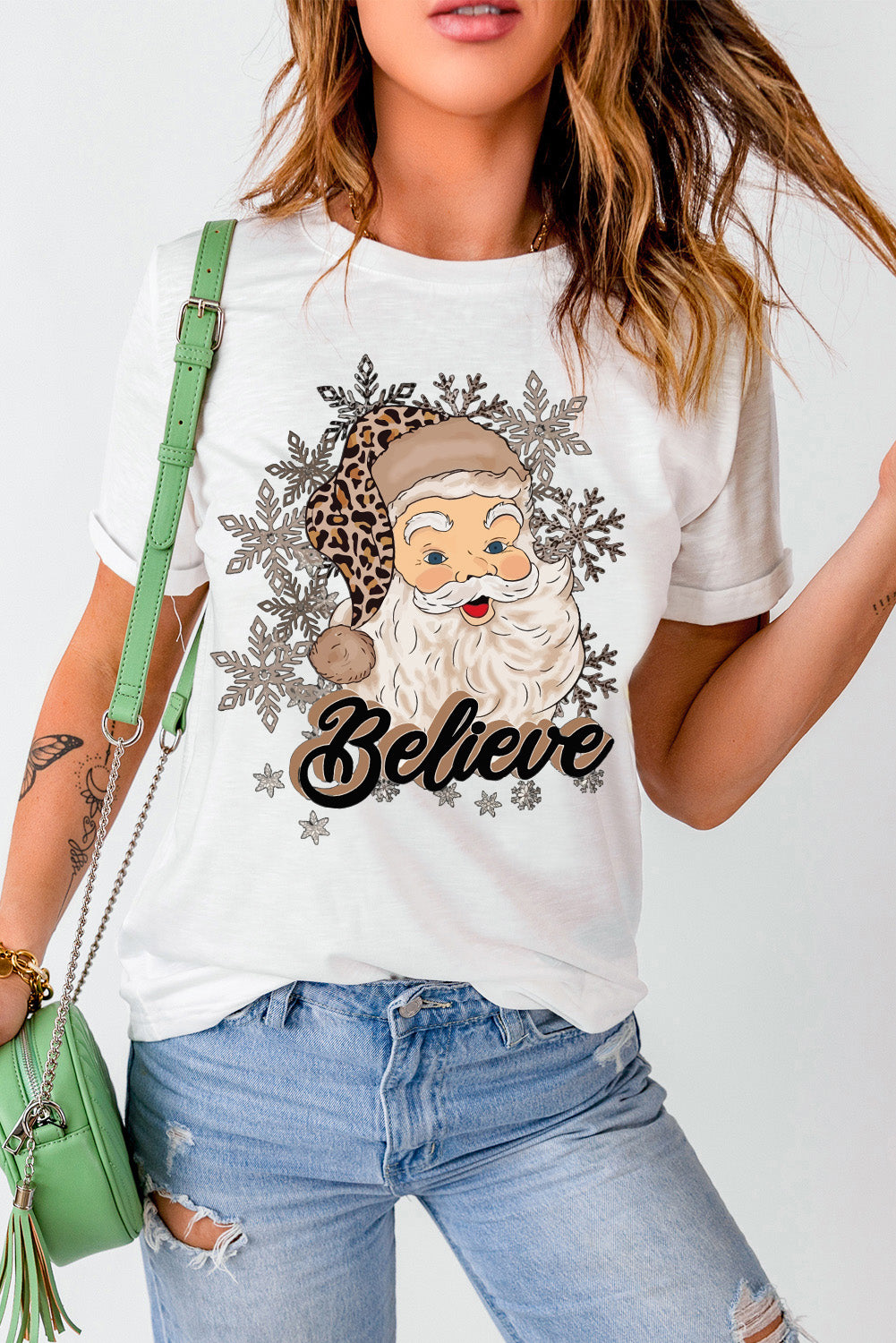 White Believe Santa Claus Snowflake Print Crew Neck T Shirt Graphic Tees JT's Designer Fashion