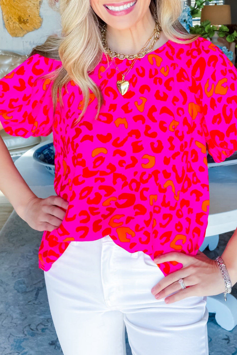 Rose Leopard Printed Puff Sleeve Blouse Pre Order Tops JT's Designer Fashion