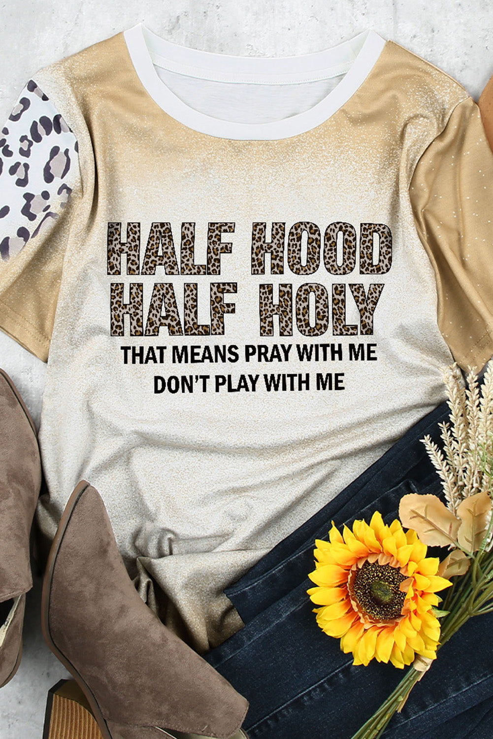 Khaki HALF HOOD HALF HOLY Graphic T Shirt Graphic Tees JT's Designer Fashion