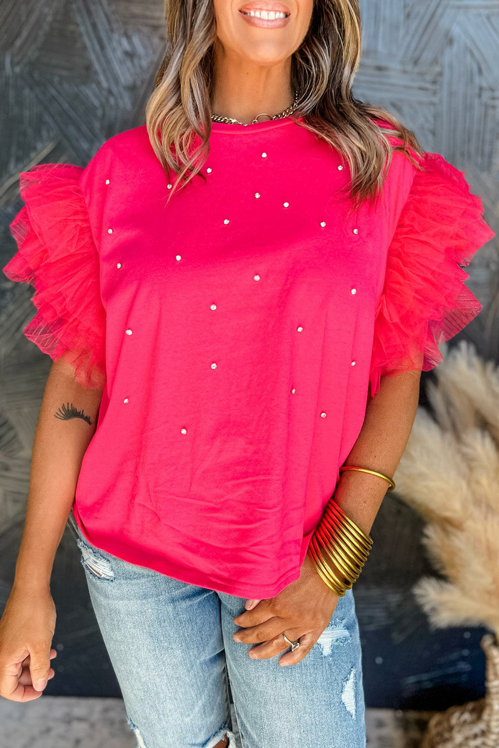 Strawberry Pink Rhinestone Embellished Tulle Sleeve Top Tops & Tees JT's Designer Fashion