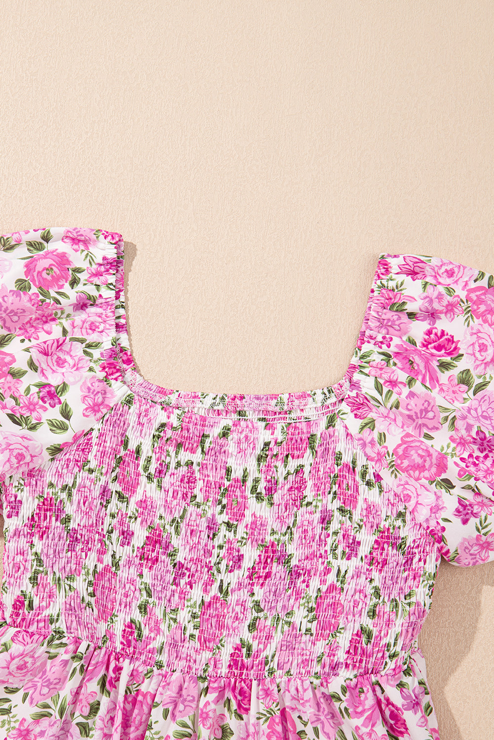 Pink Dainty Floral Smocked Puff Sleeve Flowy Long Dress Maxi Dresses JT's Designer Fashion