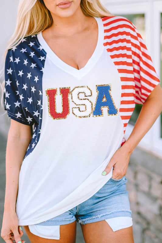 White Chenille USA Stars and Stripes Printed V Neck T Shirt Graphic Tees JT's Designer Fashion