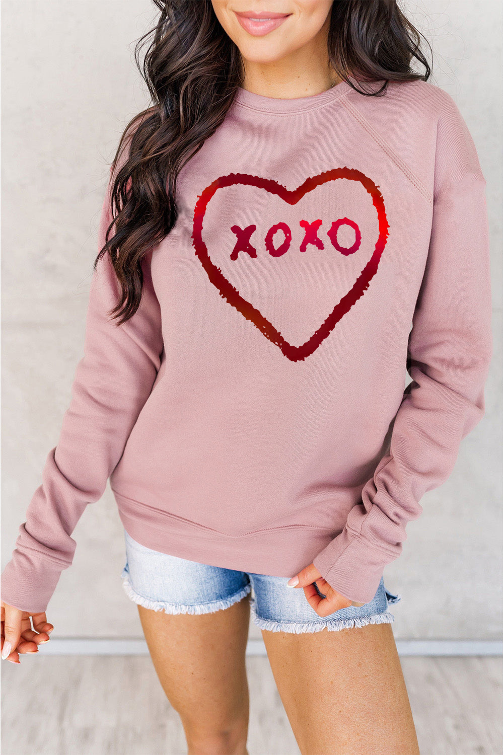 Pink XOXO Heart Shaped Glitter Print Long Sleeve Sweatshirt Graphic Sweatshirts JT's Designer Fashion