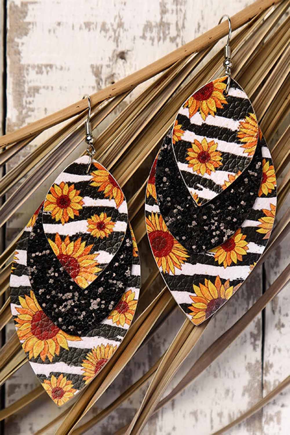 Leopard Sunflower Black Sequined Leaf Multi-Layered Leather Earrings Jewelry JT's Designer Fashion