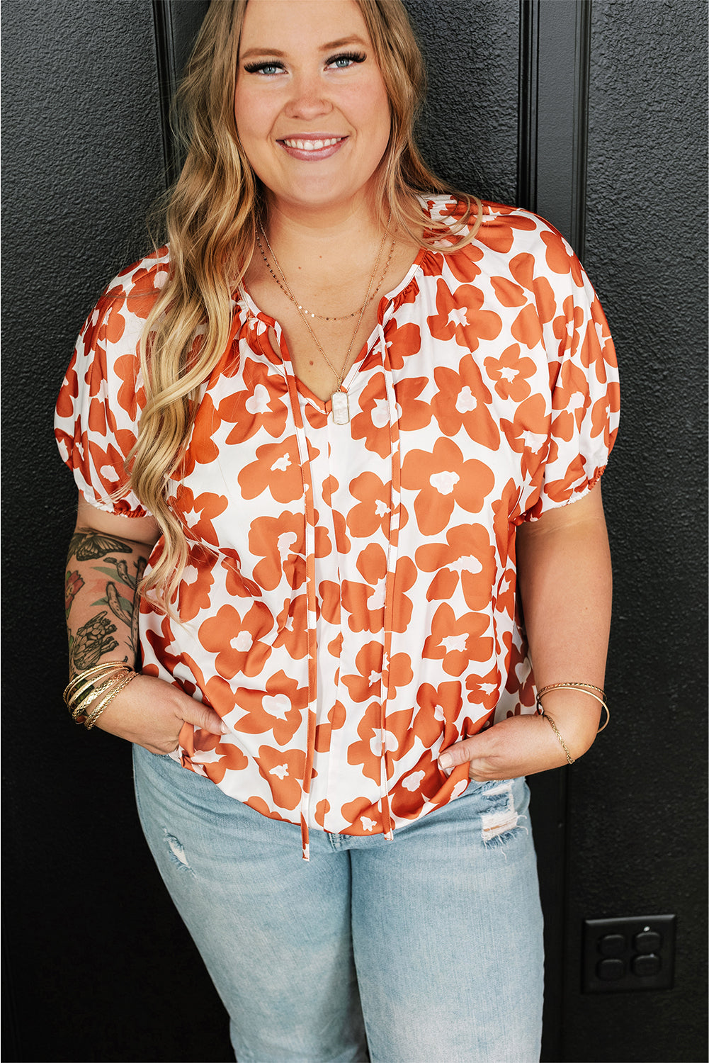 Orange Plus Size Floral Print Drawstring V Neck Short Sleeve Blouse Plus Size JT's Designer Fashion