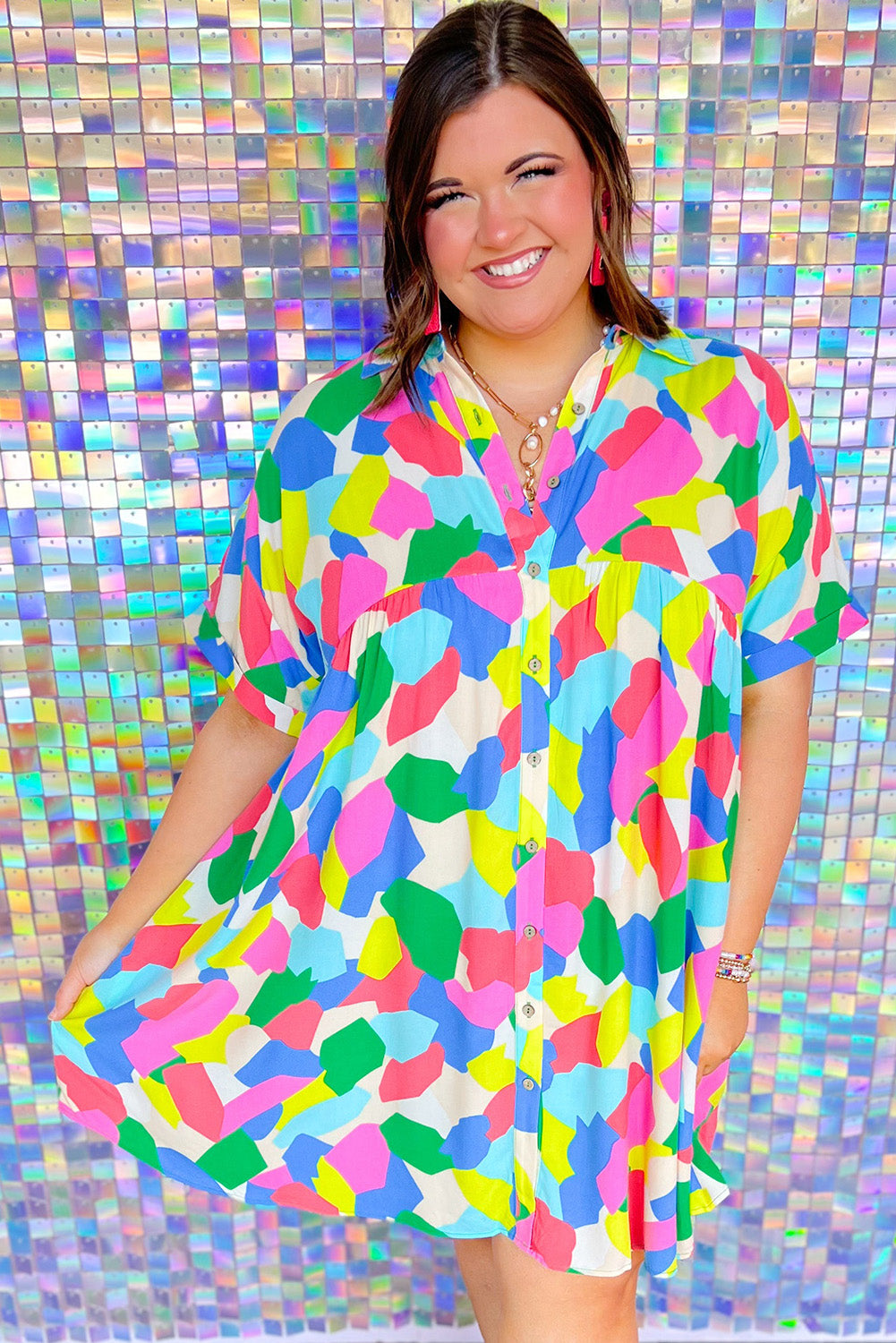 Multicolour Abstract Print Buttoned V Neck Plus Size Mini Dress Plus Size JT's Designer Fashion