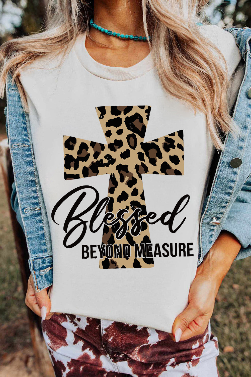 White Blessed Leopard Cross Graphic T Shirt Graphic Tees JT's Designer Fashion