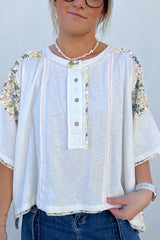 White Floral Printed Patchwork Half Button Oversize Tee Pre Order Tops JT's Designer Fashion