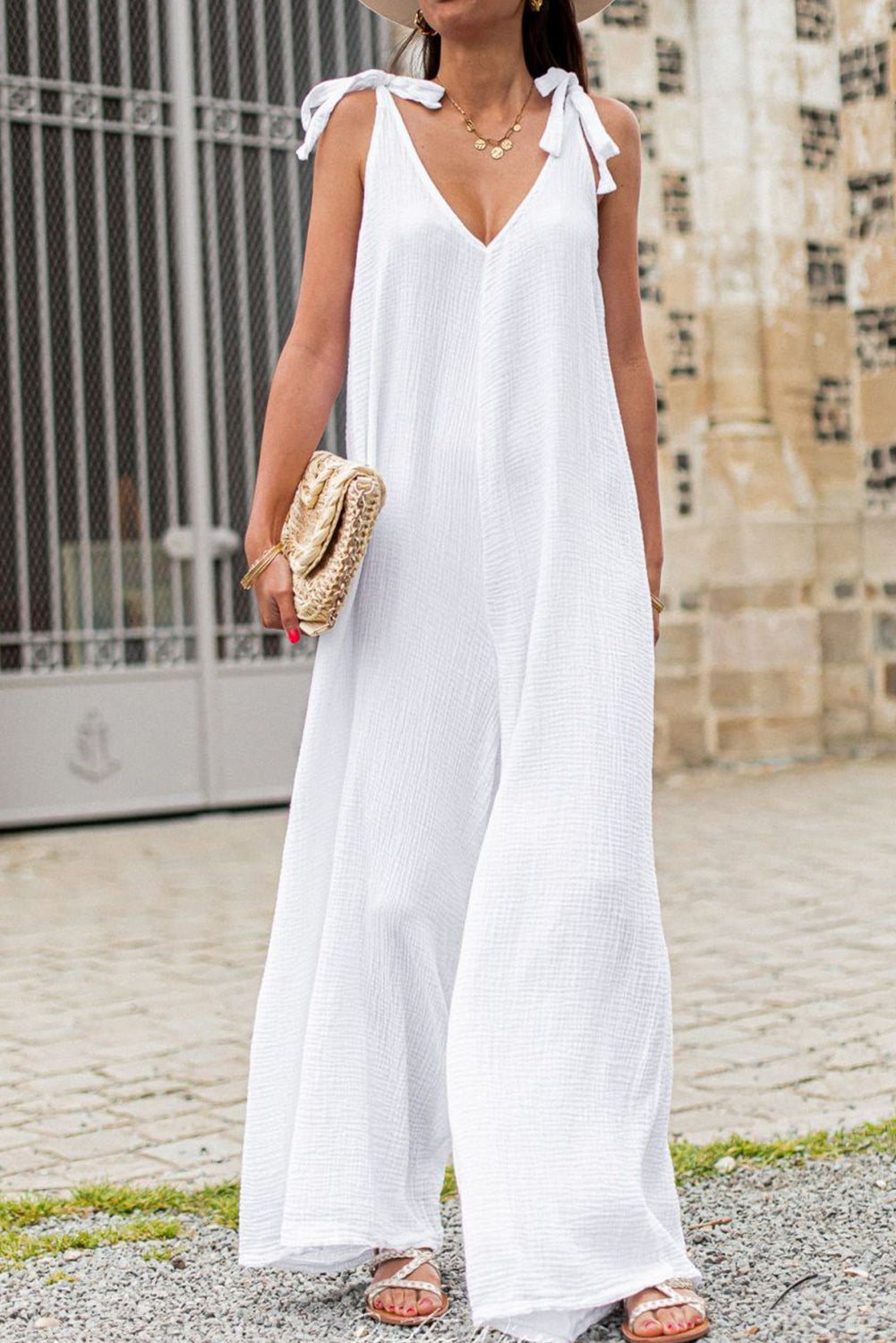 White Textured Tied Straps V Neck Wide Leg Jumpsuit Pre Order Bottoms JT's Designer Fashion