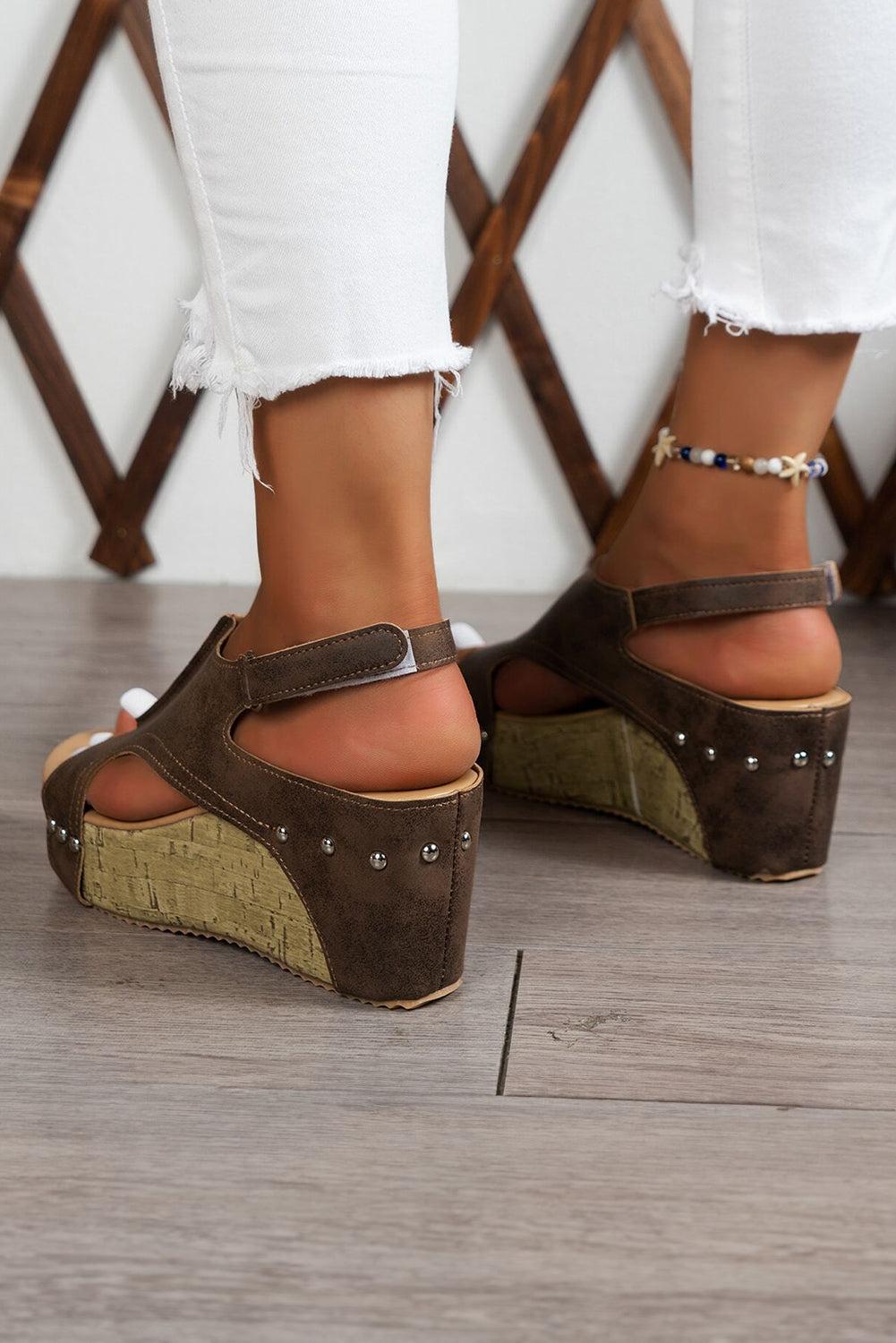 Chestnut Suede Patched Studded Cut Out Wedge Sandals Sandals JT's Designer Fashion