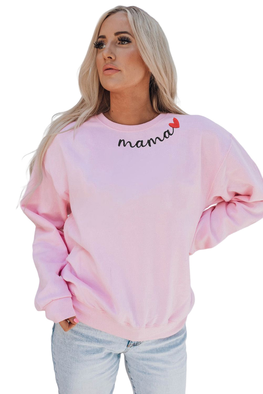 Pink mama Heart Embroidery Decor Sweatshirt Graphic Sweatshirts JT's Designer Fashion