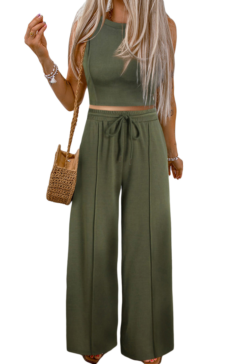 Jungle Green Solid Sleeveless Crop Top and Wide Leg Pants Set Bottoms JT's Designer Fashion