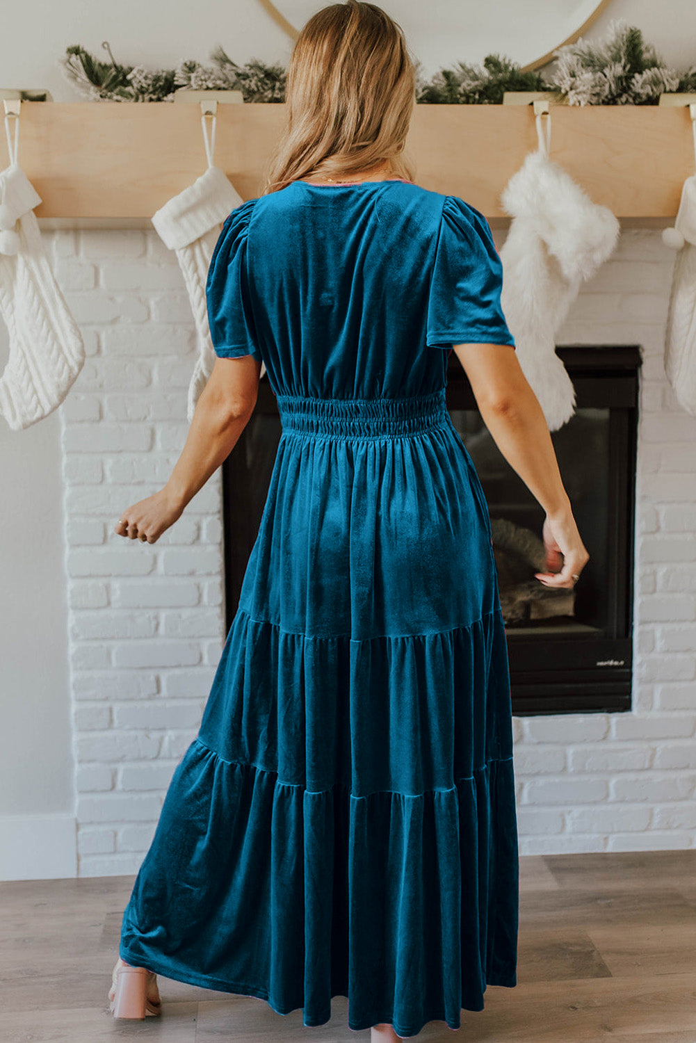 Prussian Blue Velvet Short Sleeve Shirred Waist Tiered Maxi Dress Maxi Dresses JT's Designer Fashion