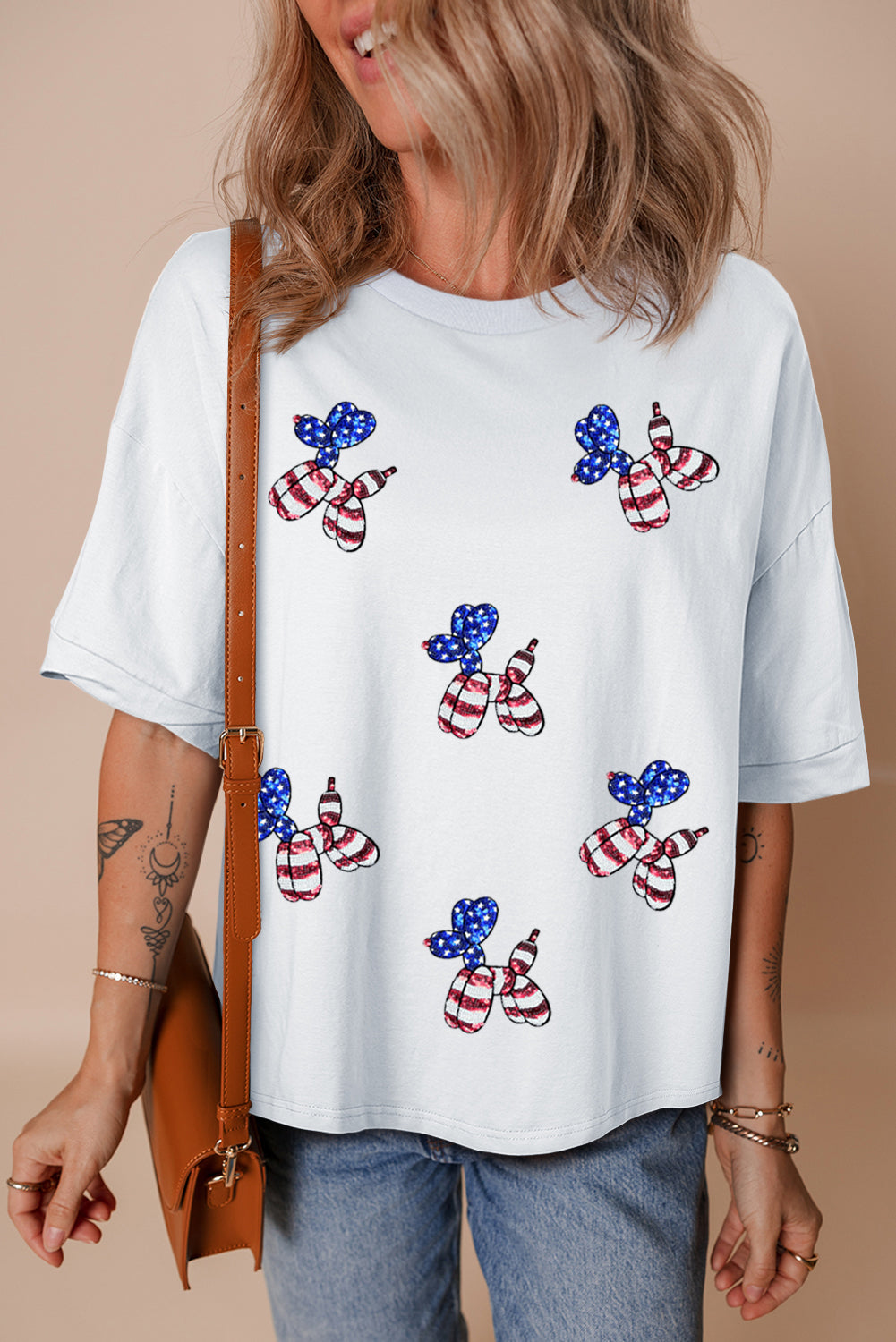 White Sequin USA Flag Balloon Puppy Graphic Drop Shoulder High Low Tee Graphic Tees JT's Designer Fashion