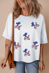 White Sequin USA Flag Balloon Puppy Graphic Drop Shoulder High Low Tee Graphic Tees JT's Designer Fashion