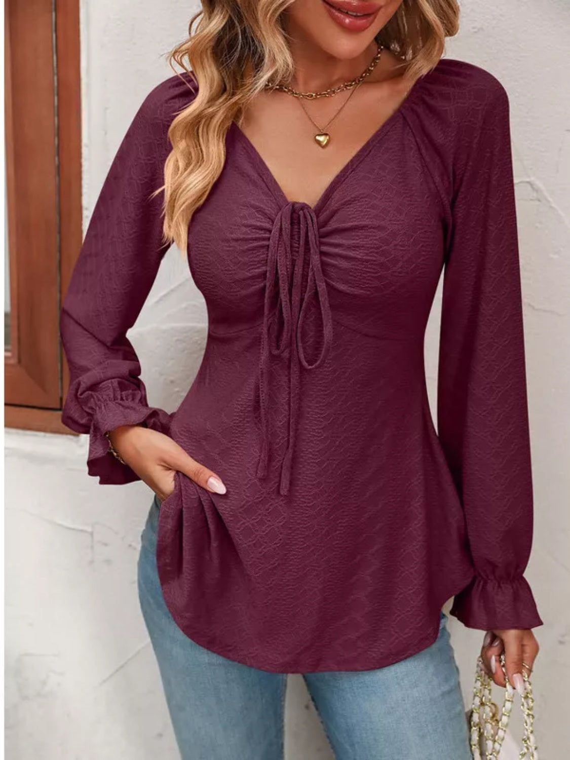 Full Size Drawstring Ruffled V-Neck Long Sleeve Blouse Long Sleeve Tops JT's Designer Fashion