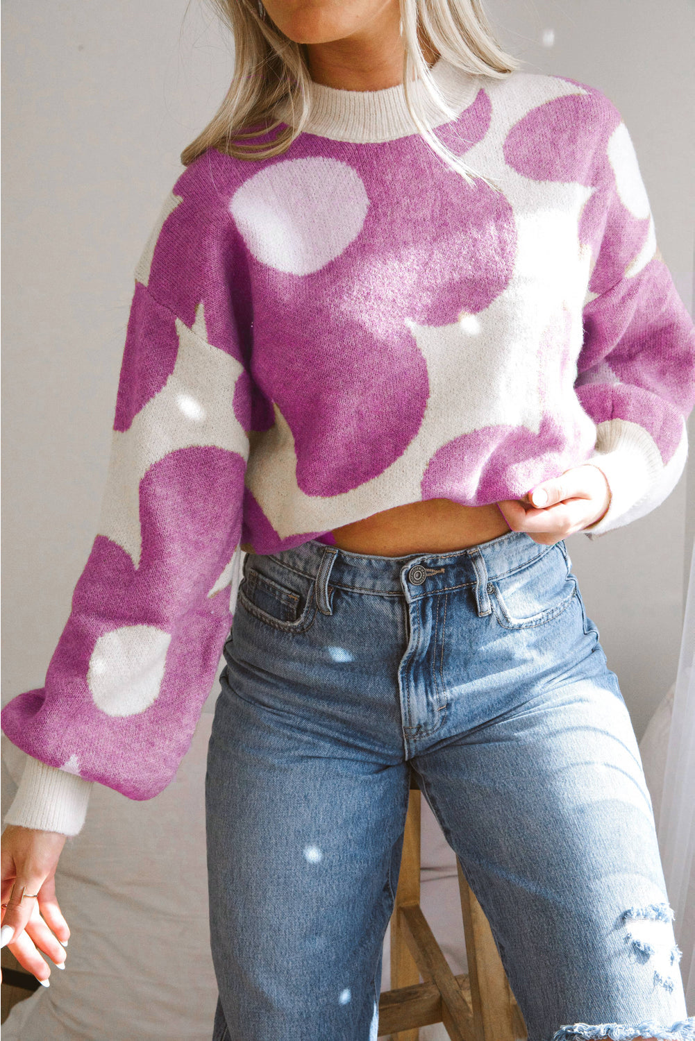 Bright Pink Big Flower Pattern Drop Shoulder Sweater Sweaters & Cardigans JT's Designer Fashion