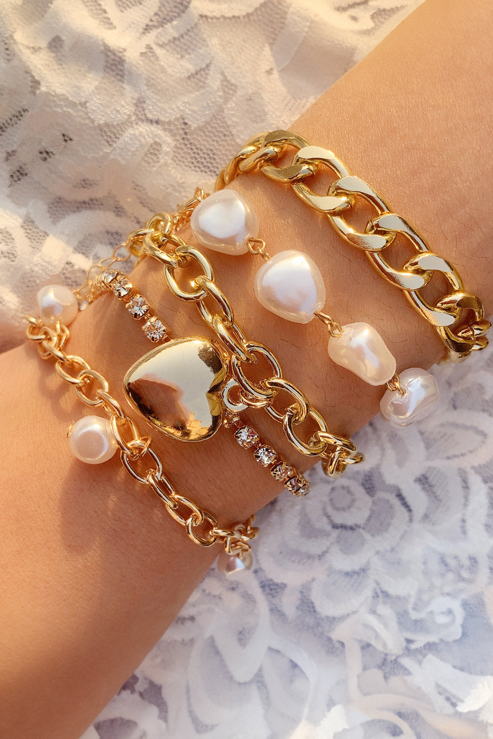 Gold Heart Pendant Pearl Rhinestone Chain Bracelet Set Jewelry JT's Designer Fashion