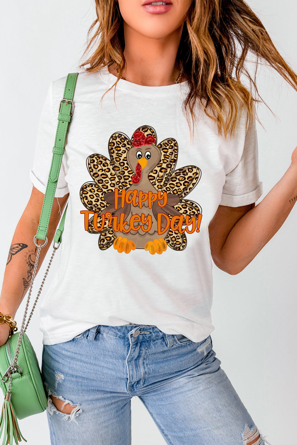 White Happy Turkey Day Leopard Print Crew Neck Loose T Shirt Graphic Tees JT's Designer Fashion