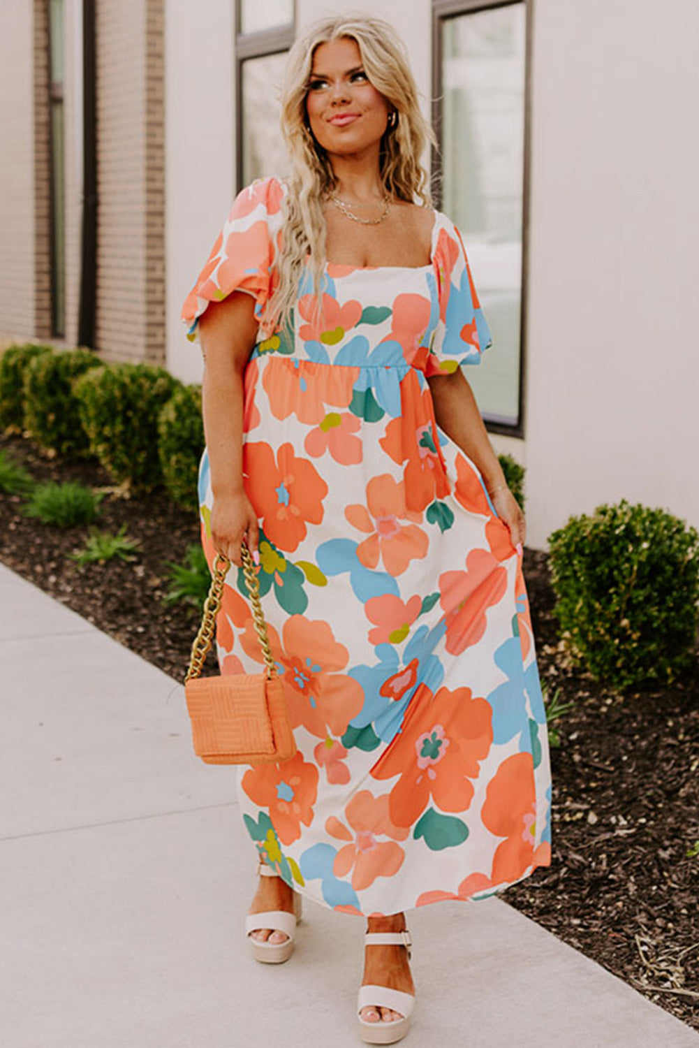 Orange Plus Size Flower Print Shirred Square Neck Maxi Dress Plus Size JT's Designer Fashion