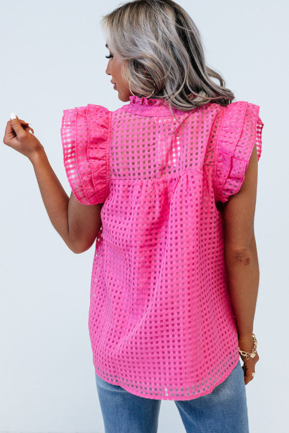 Bright Pink Gingham Print Ruffled Cap Sleeve V Neck Blouse Tops & Tees JT's Designer Fashion