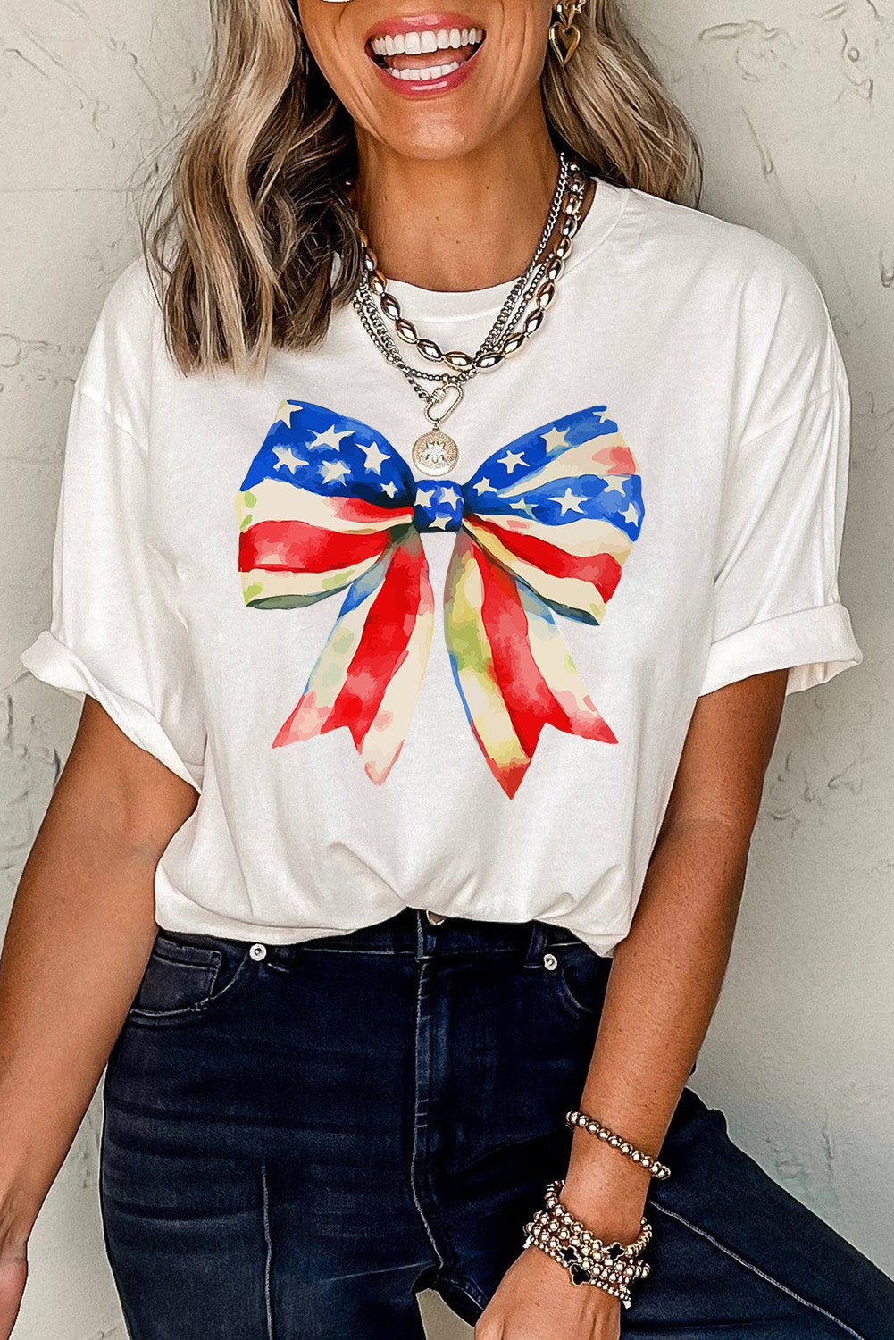 White Independence Day Splash Bow Pattern T Shirt Graphic Tees JT's Designer Fashion