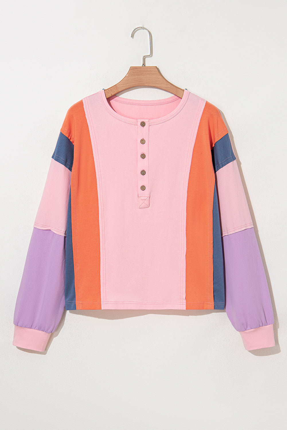 Pink Colorblock Long Sleeve Buttons Henley Top Long Sleeve Tops JT's Designer Fashion