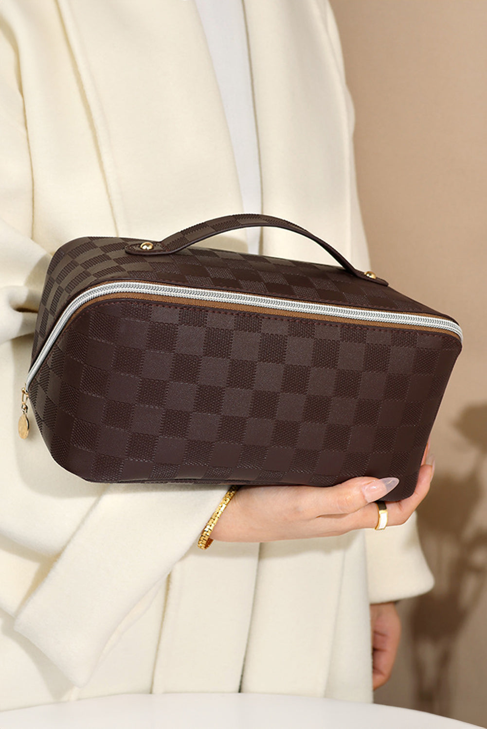 Chestnut Checkered Zipper Handle PU Leather Travel Makeup Bag Makeup Bags JT's Designer Fashion