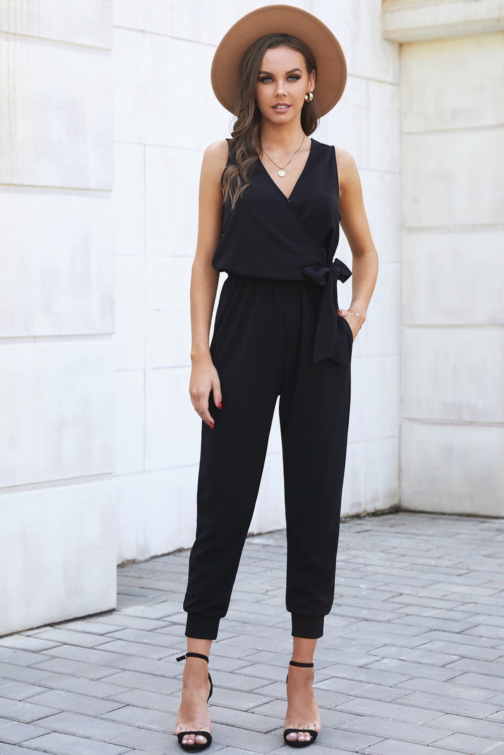 Black Deep V-neck Sleeveless Solid Jumpsuit Jumpsuits & Rompers JT's Designer Fashion