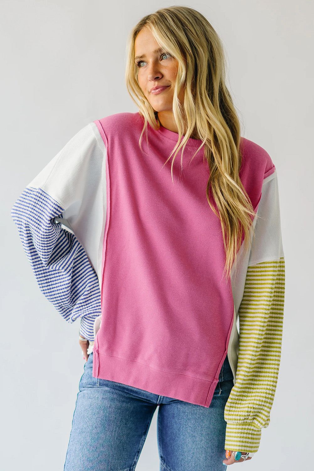 Sachet Pink Exposed Seam Striped Color Block Patchwork Long Sleeve Top Long Sleeve Tops JT's Designer Fashion