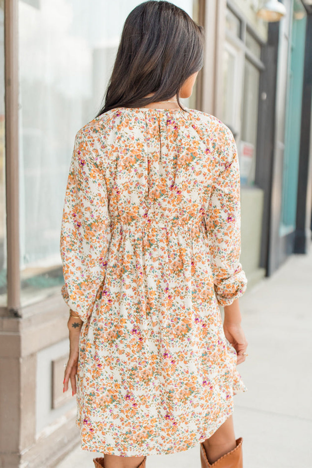 Yellow Boho Floral V Neck Ruffled Empire Waist Long Sleeve Mini Dress Floral Dresses JT's Designer Fashion