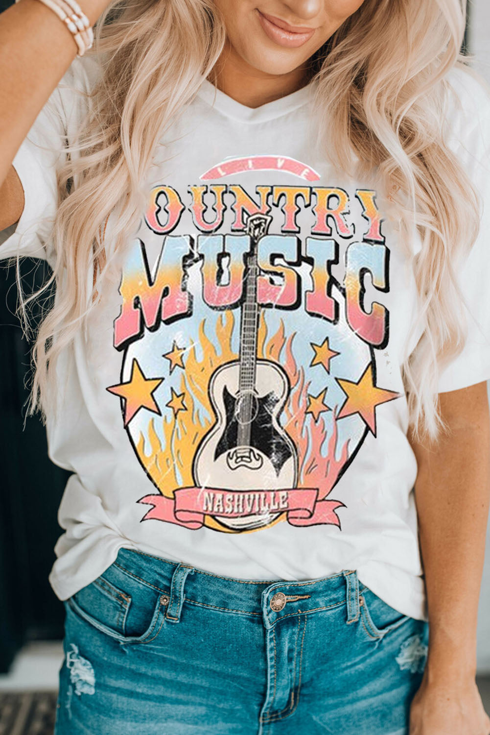 White COUNTRY MUSIC NASHVILLE Graphic Tee White 95%Polyester+5%Elastane Graphic Tees JT's Designer Fashion