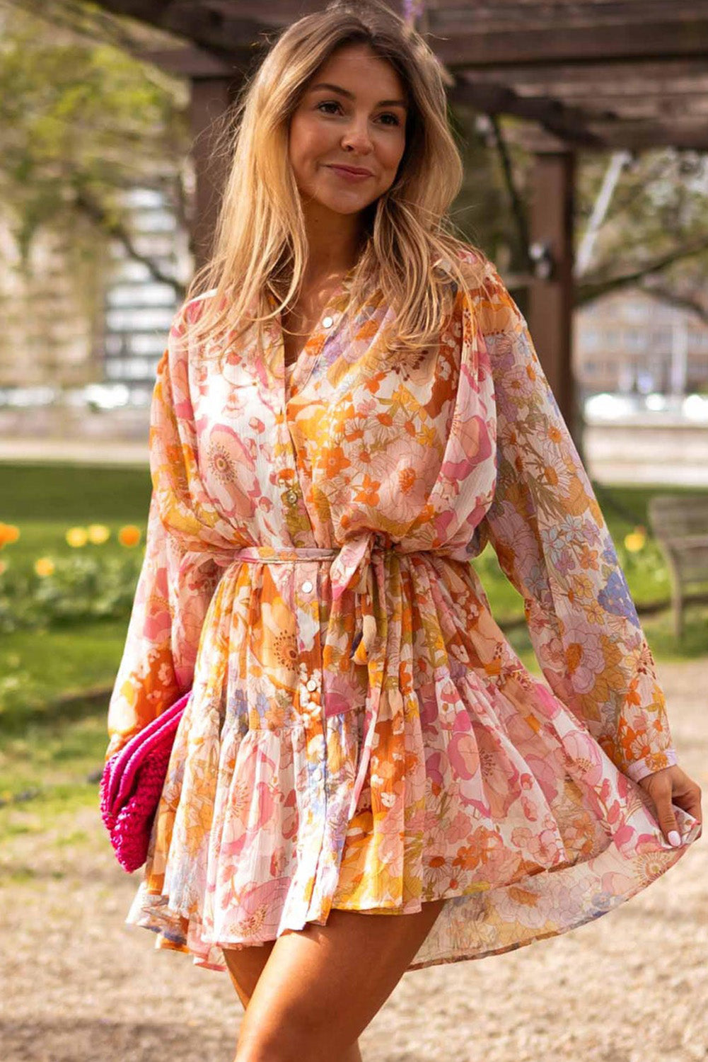 Yellow Ruffled Buttoned Knotted High Waist Floral Mini Dress Floral Dresses JT's Designer Fashion