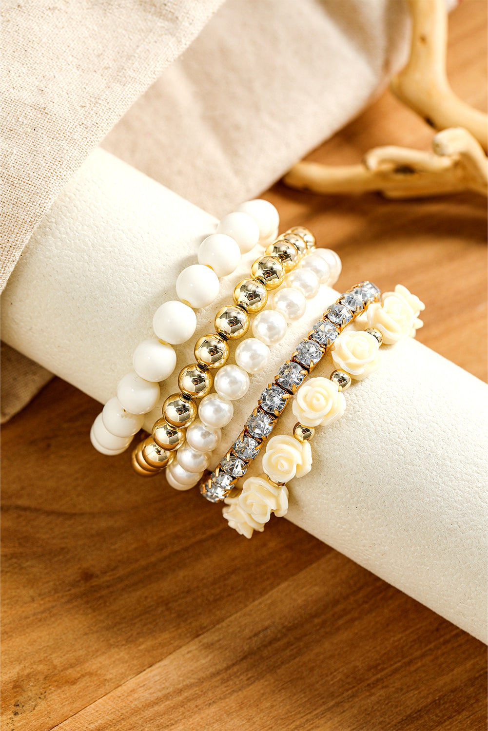 White Flower Rhinestone Beaded Multi Layer Bracelet Set Jewelry JT's Designer Fashion