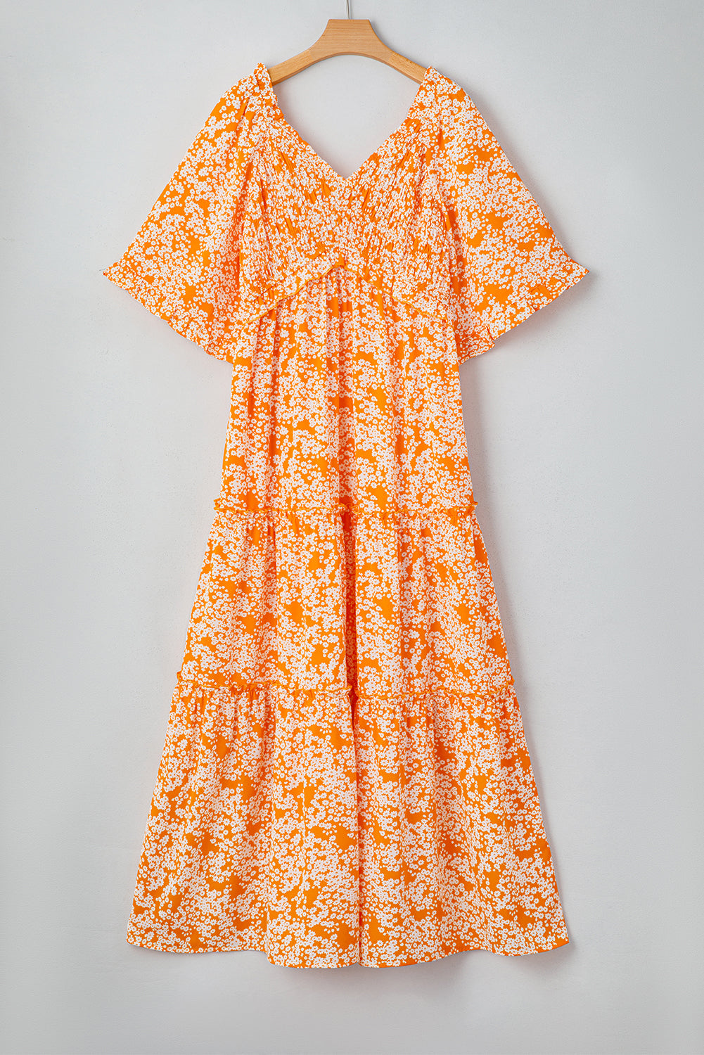 Orange Floral Print Smocked V Neck Wide Sleeve Maxi Dress Floral Dresses JT's Designer Fashion