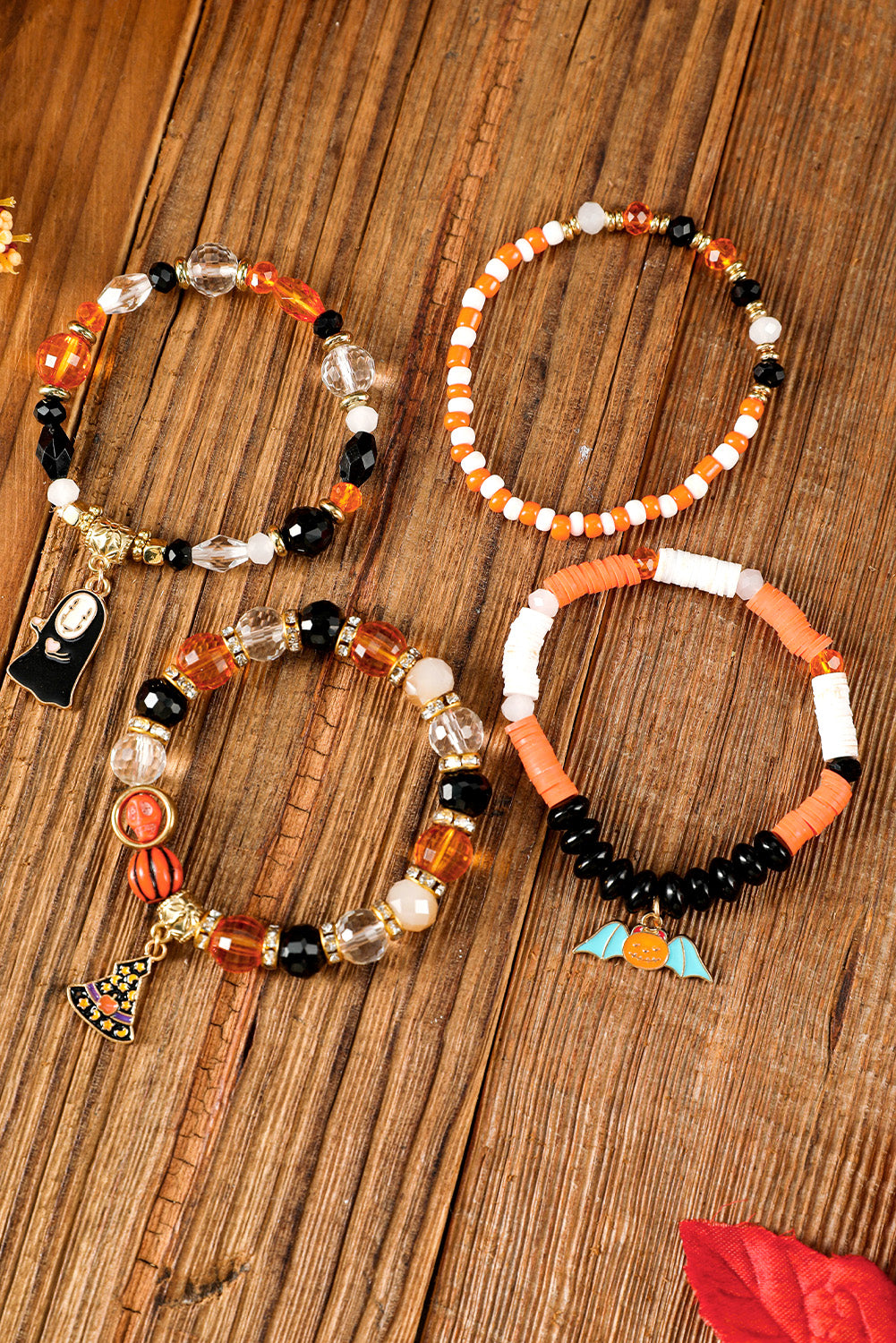 Orange Halloween Pumpkin Ghost Pendant Layered Beaded Bracelet Set Jewelry JT's Designer Fashion