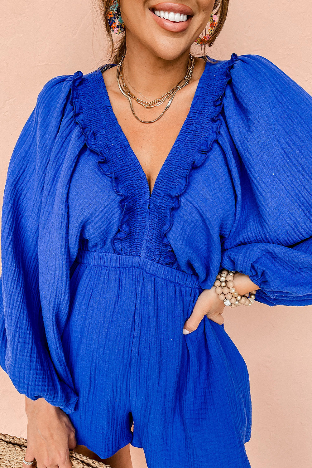 Dark Blue V Neck Ruffle Bubble Sleeve Romper Bottoms JT's Designer Fashion