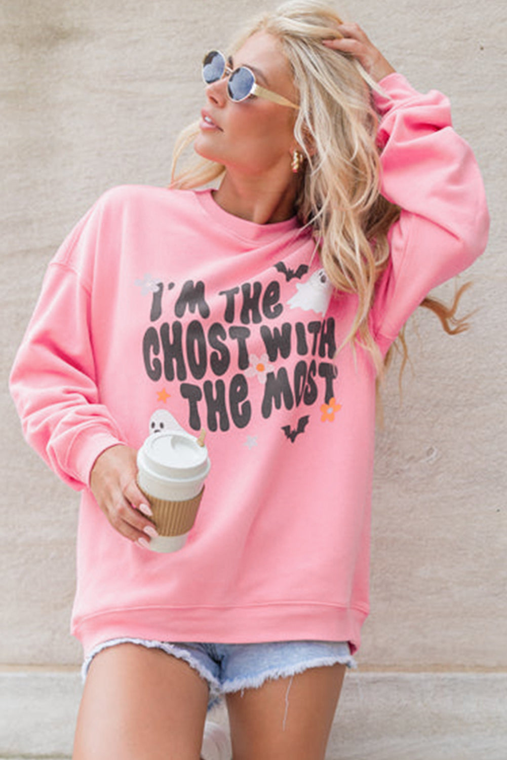 Pink Halloween Slogan Ghost Bat Graphic Drop Shoulder Sweatshirt Graphic Sweatshirts JT's Designer Fashion