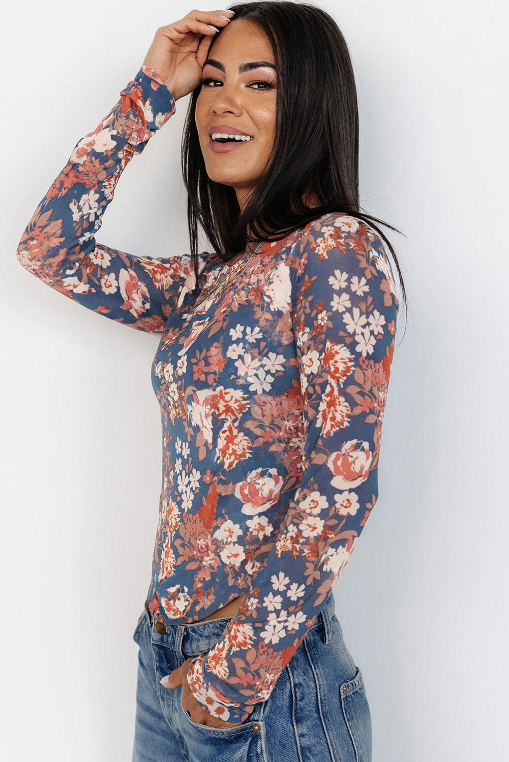 Orchid Petal Floral Print Mesh Fitted Long Sleeve Top Long Sleeve Tops JT's Designer Fashion