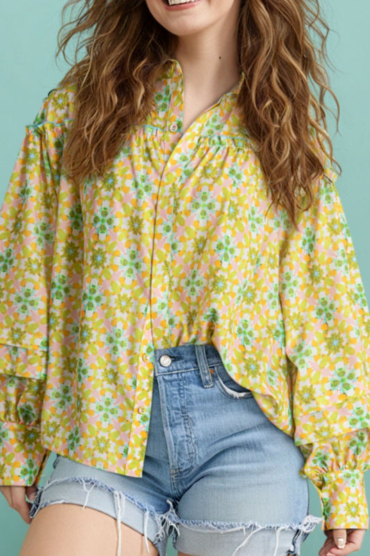 Frill Printed Collared Neck Long Sleeve Blouse Yellow Green Long Sleeve Tops JT's Designer Fashion