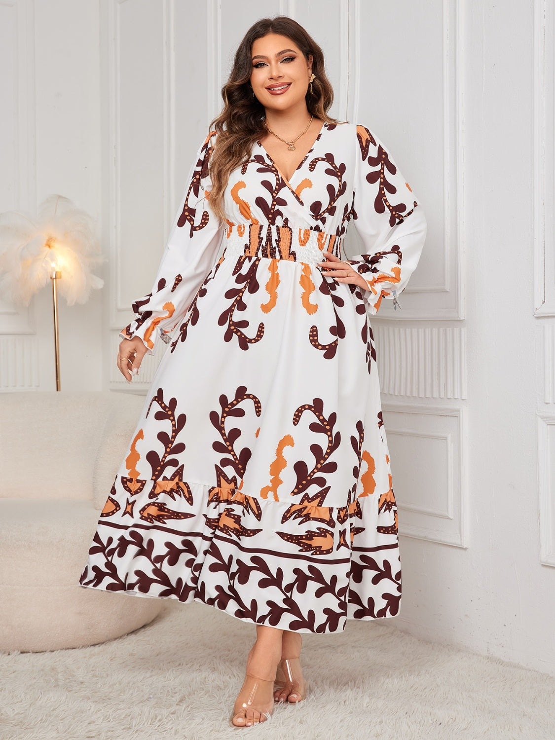 Plus Size Printed Surplice Flounce Sleeve Dress Maxi Dresses JT's Designer Fashion