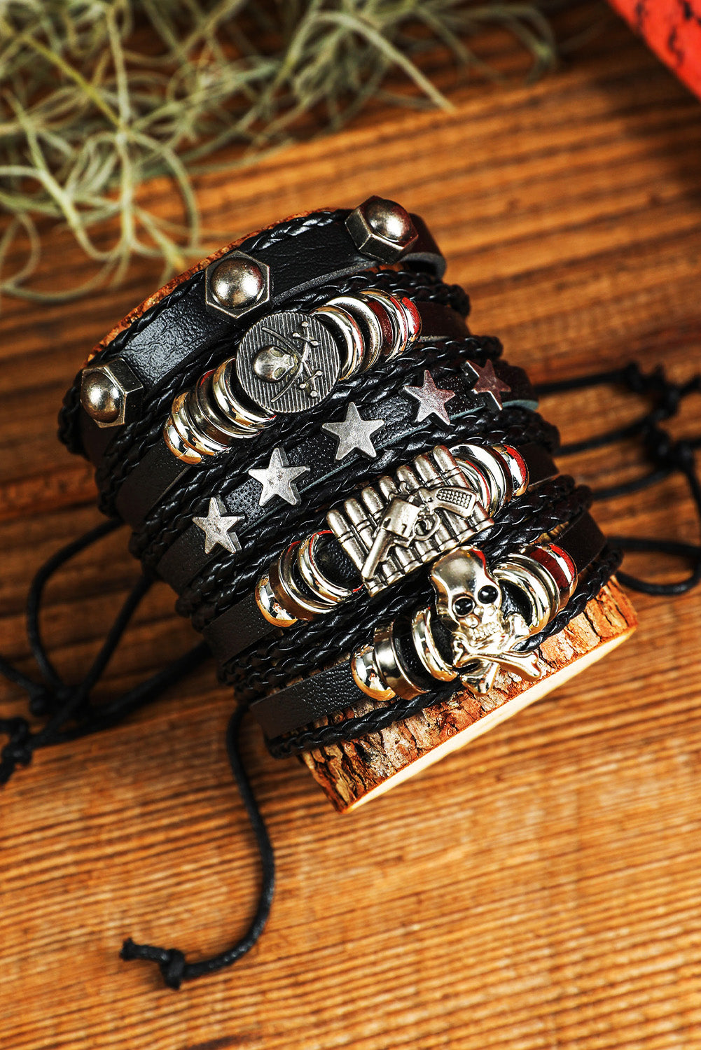 Black Gun Skull Star PU Leather Bracelet Set Jewelry JT's Designer Fashion