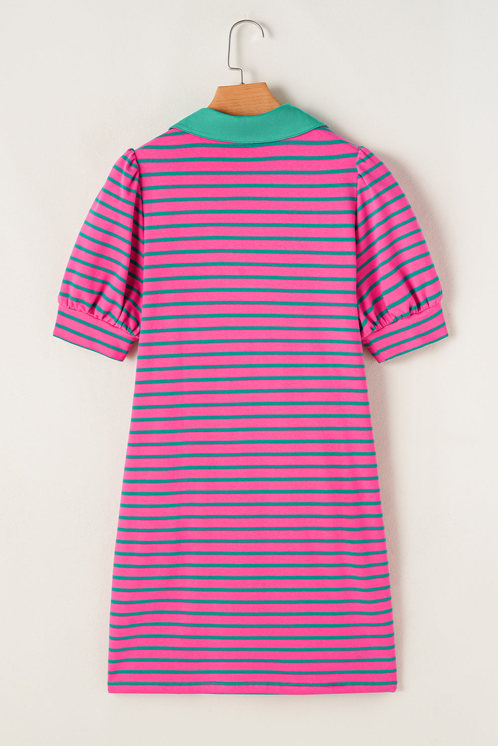 Pink Stripe Collared V Neck Puff Sleeve T Shirt Dress T Shirt Dresses JT's Designer Fashion