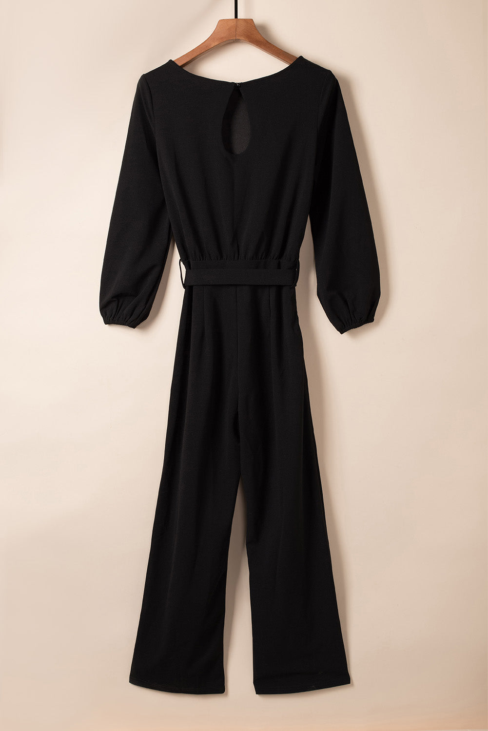 Black Boat Neck Bubble Sleeve Straight Legs Jumpsuit with Belt Tie Jumpsuits & Rompers JT's Designer Fashion