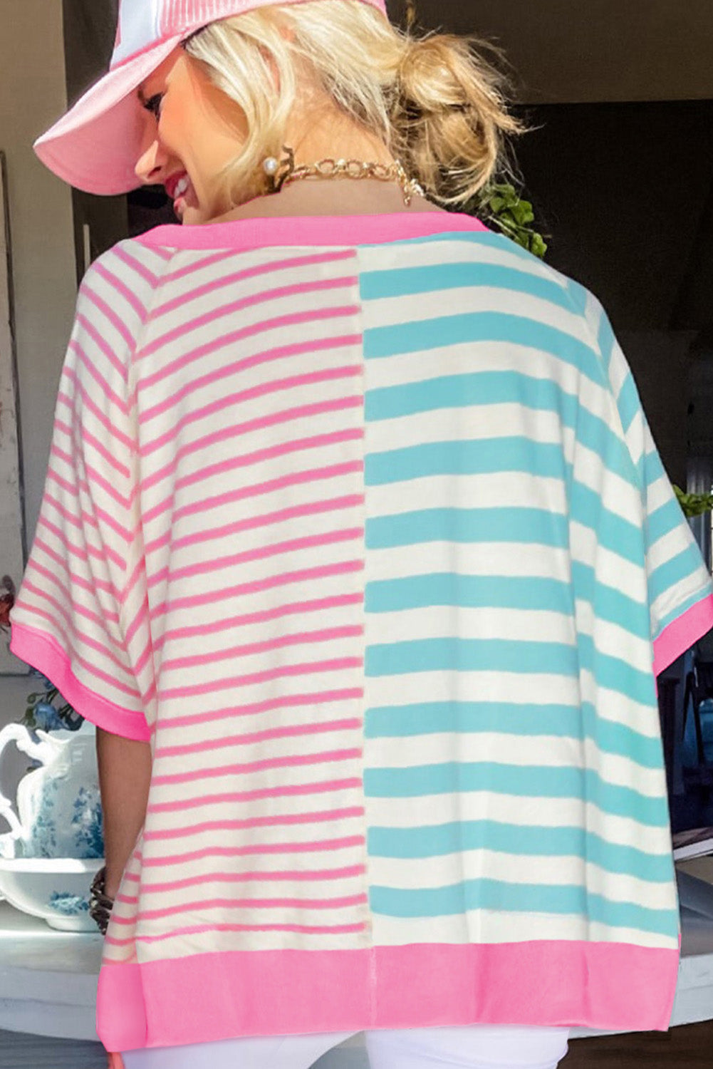 Sachet Pink Colorblock Stripes Plus Size T Shirt Plus Size JT's Designer Fashion