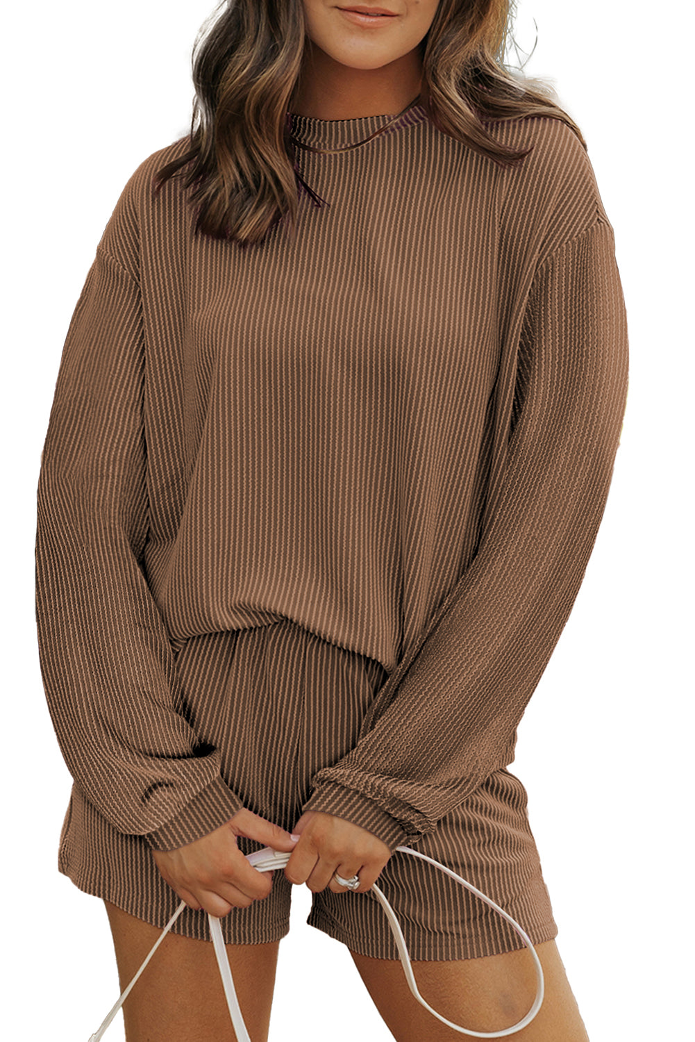 Chestnut Corded Knit Long Sleeve Top and High Waist Shorts Set Short Sets JT's Designer Fashion