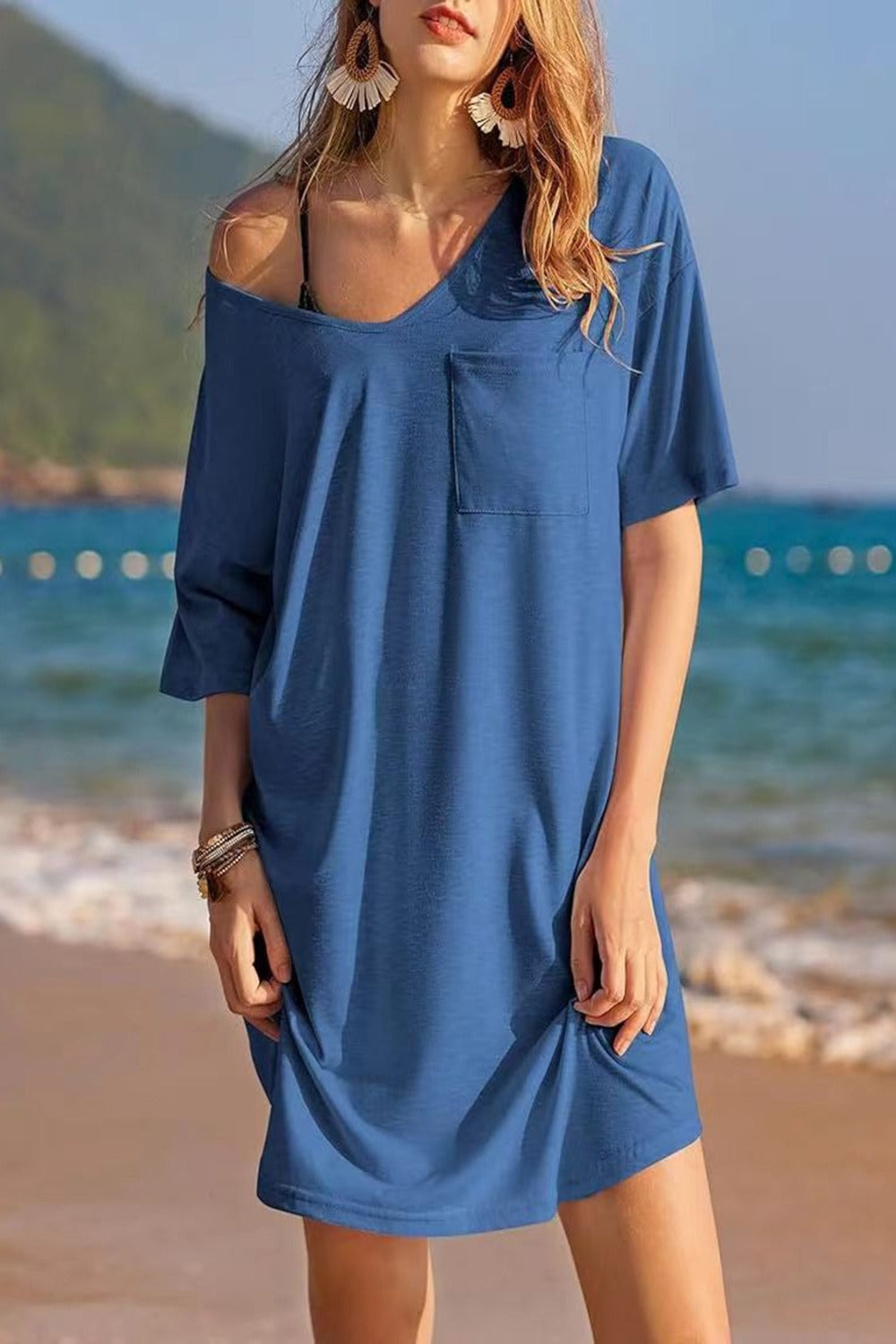 Pocketed V-Neck Short Sleeve Tee Dress Dusty Blue T Shirt Dresses JT's Designer Fashion